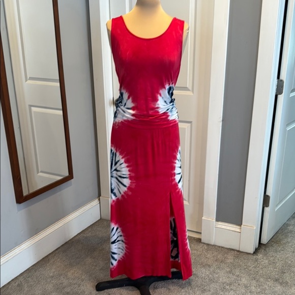 Patriotic Red White Blue Tie Dye sleeves less Maxi Dress Long Medium 4th of July - Picture 2 of 10
